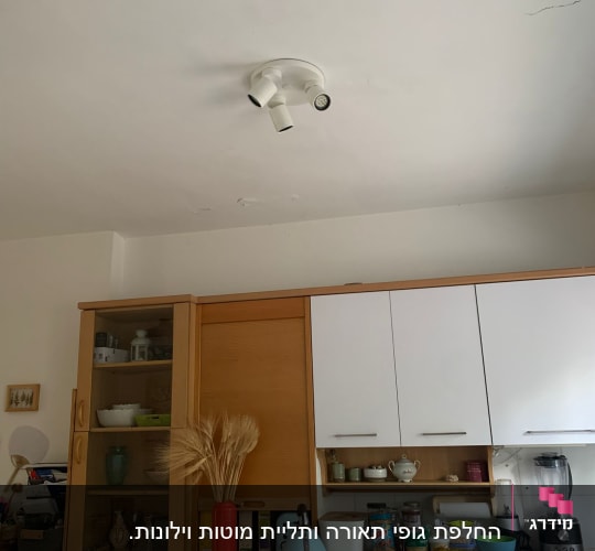 תאורה ותכולת מטבח עם ארונות וכלים